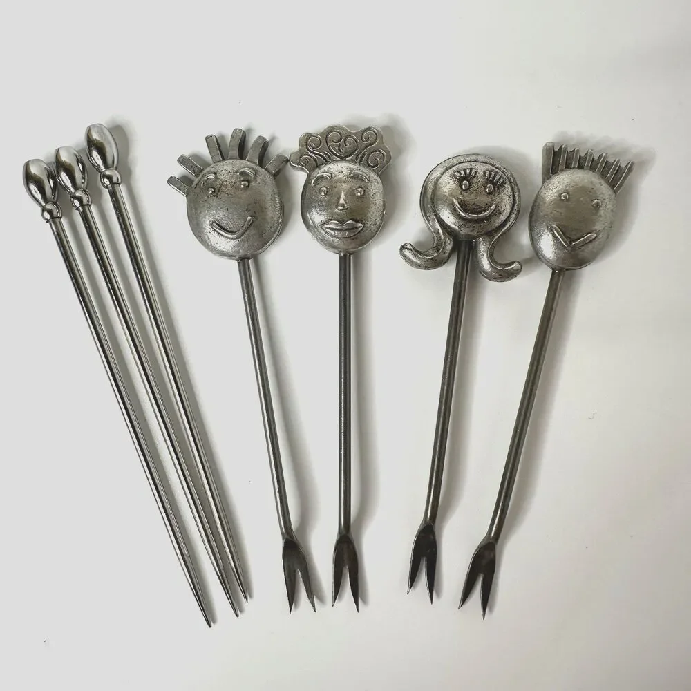 Vtg RobinWood‎ Fondue Forks 7 Mid Century Faces & Cocktail Picks Hor d'oeuvres
